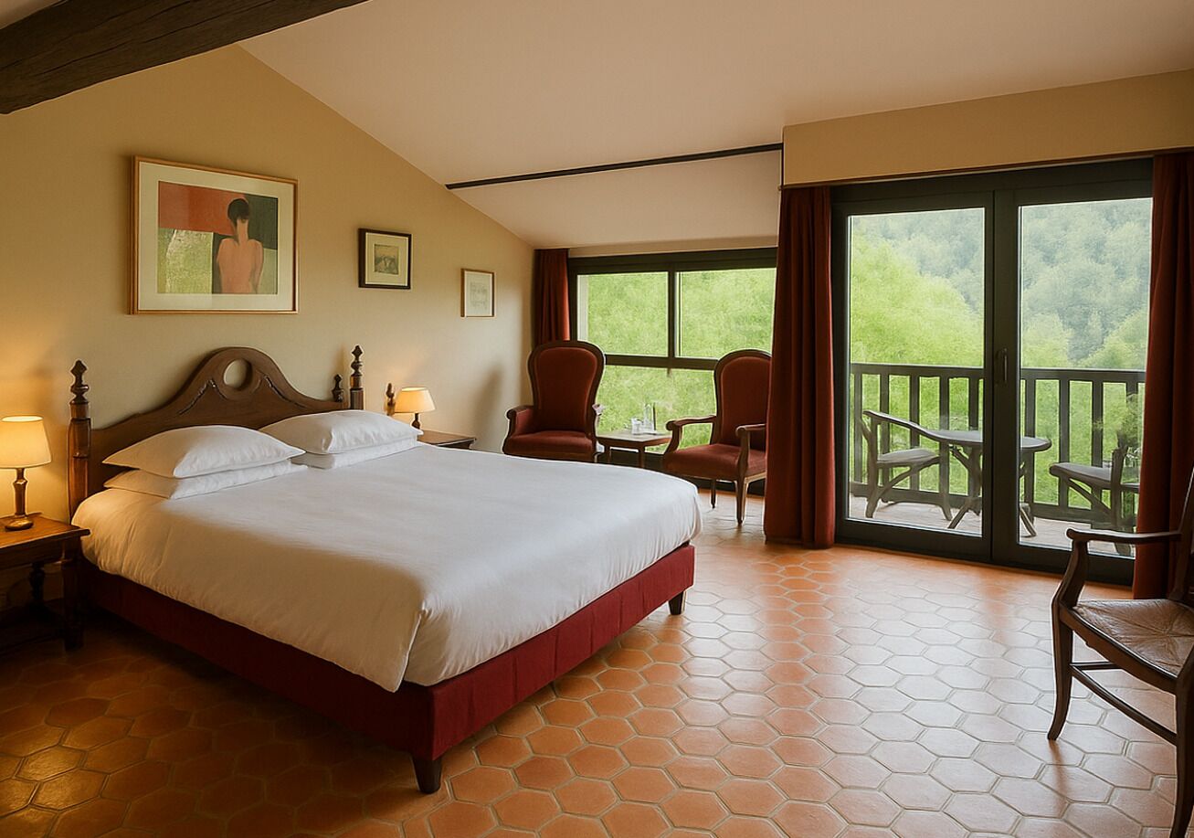 A hotel room with a large bed, a desk with a chair, a balcony with outdoor seating, and a view of greenery.