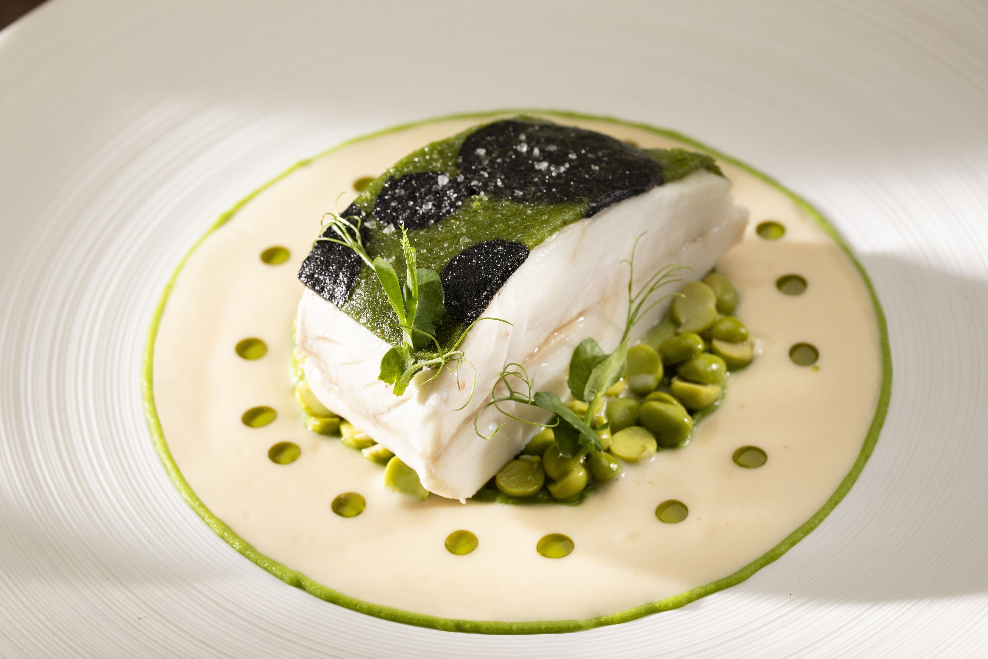 A white plate with a piece of white fish, green peas, and a green sauce.