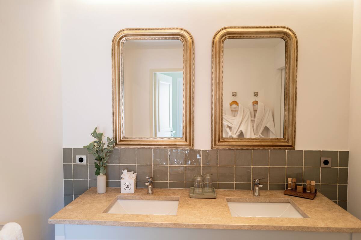 A bathroom with two sinks, a mirror, and a plant.