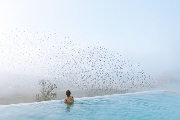 Piscina coberta, piscina a l'aire lliure, para-sols i gandules 