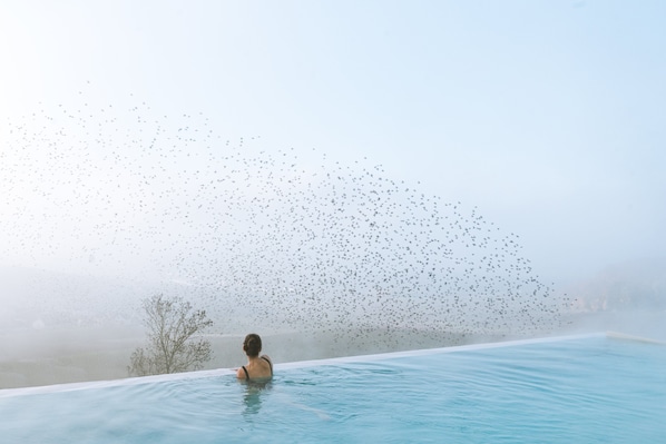 Piscina coberta, piscina a l'aire lliure, para-sols i gandules