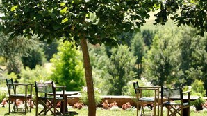 An outdoor seating area with wooden chairs and tables under a tree, surrounded by greenery. - Chateau de Castel Novel (Saint-Pantaleon-de-Larche)