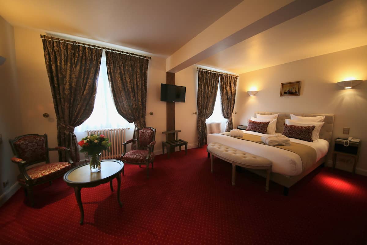 Habitación de hotel con una cama, dos sillas, una mesita con un florero, un televisor y un cuadro en la pared.