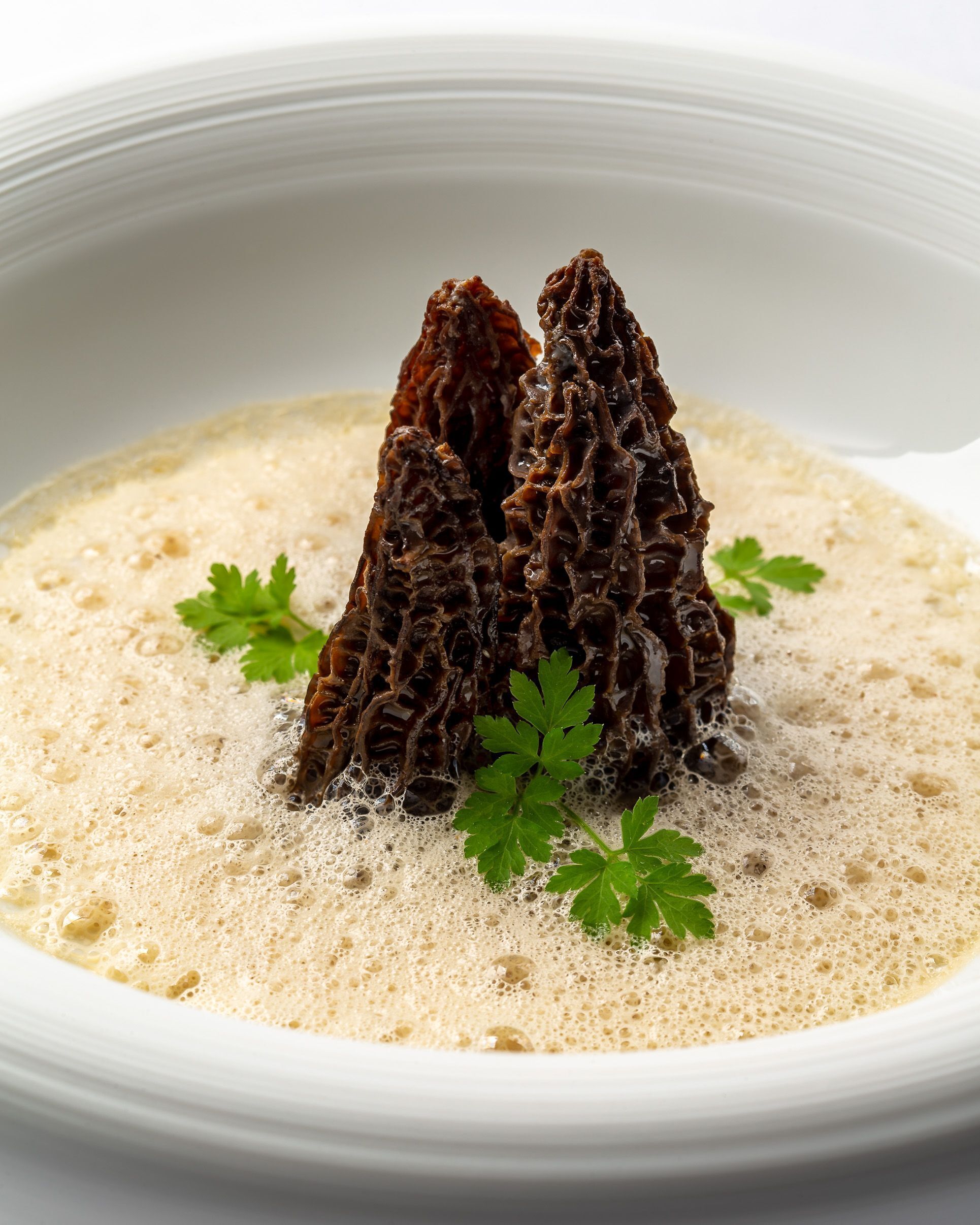 Un bol de soupe garni de persil.