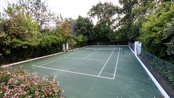 A tennis court surrounded by dense foliage and trees.