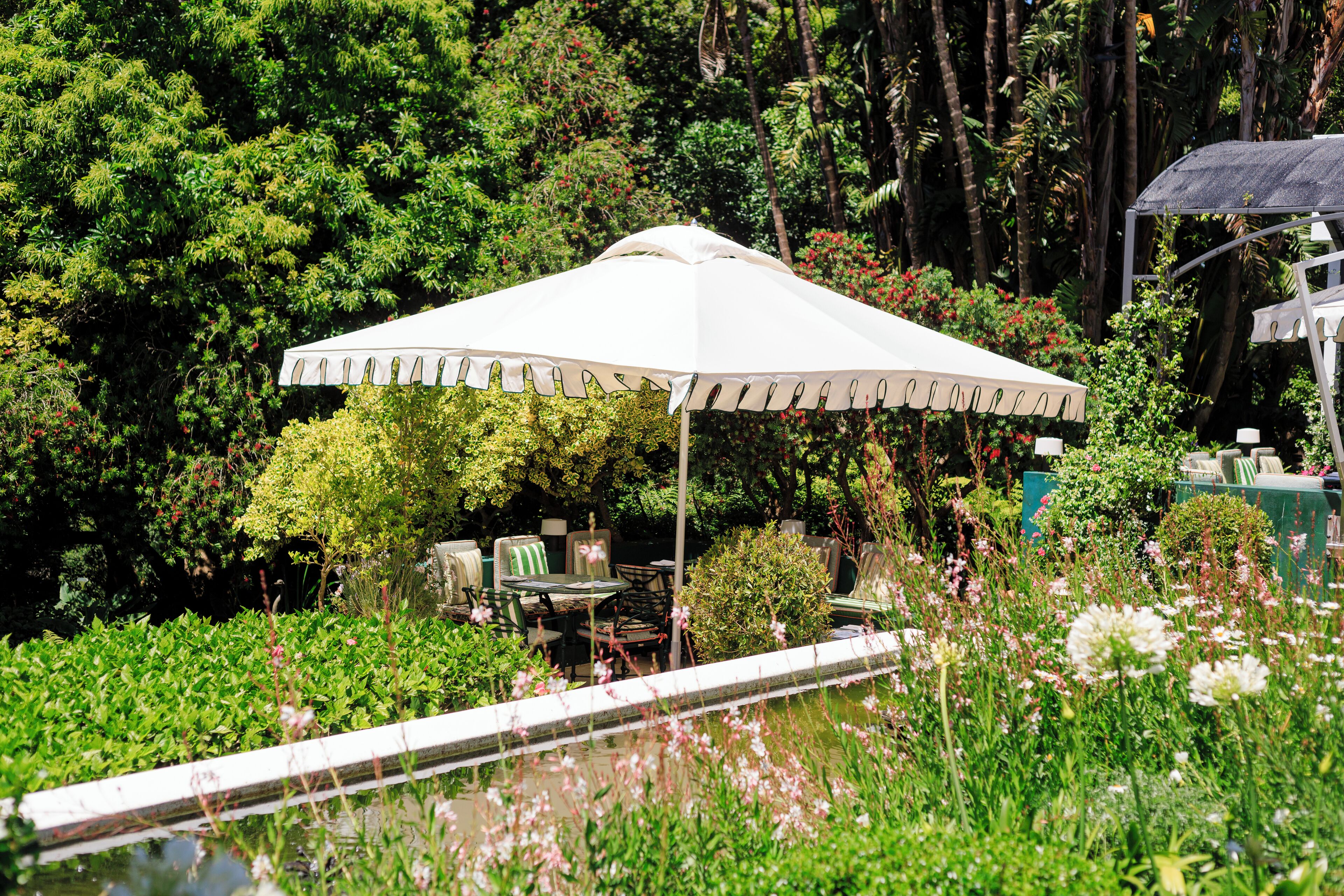 Een tuin met een witte parasol, een vijver en groen.