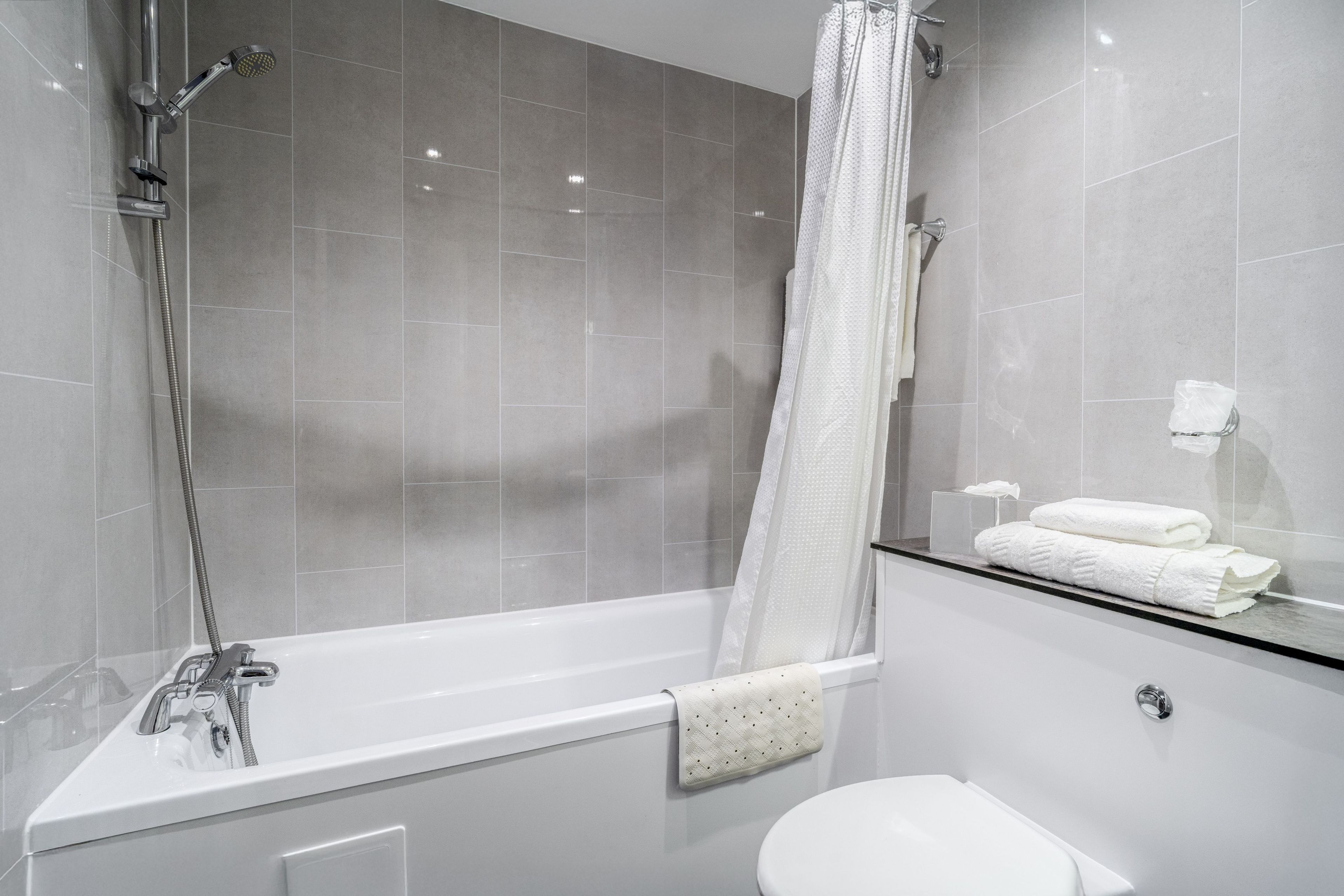 A modern bathroom with a bathtub, shower, and toilet.