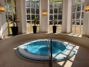A hot tub with a tiled floor and a metal ladder, surrounded by large windows with potted plants. - Sprowston Manor Hotel, Spa & Golf (Norwich)