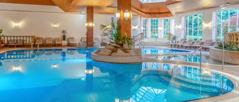 Indoor pool, open 7:00 AM to 9:00 PM, sun loungers