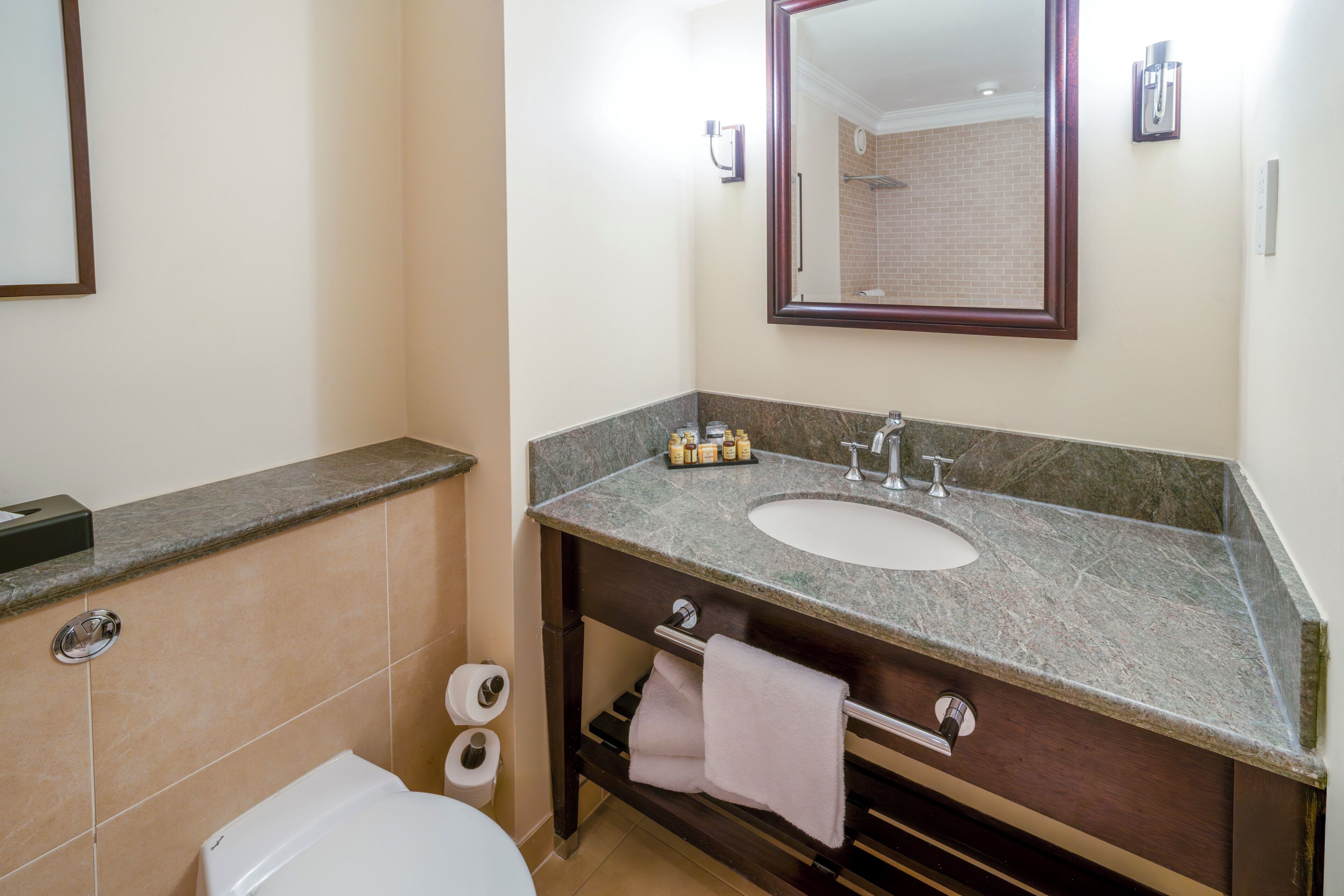 A bathroom with a marble countertop, a sink, a mirror, and a toilet.