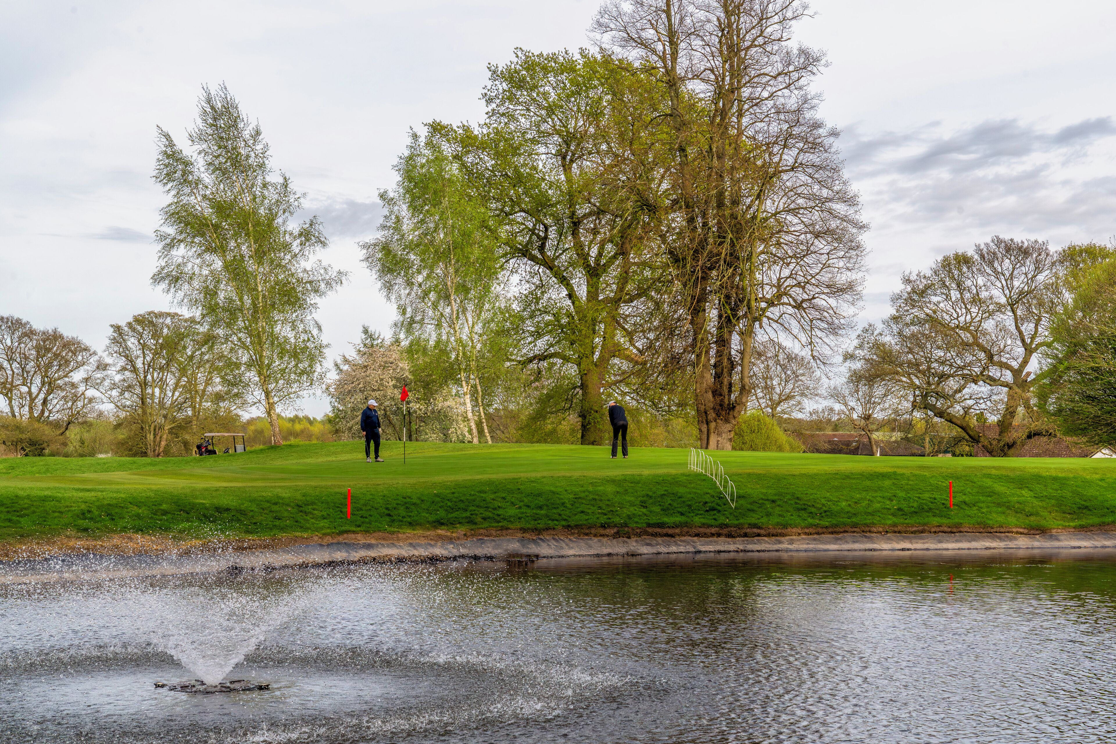 A golf course with a pond, trees, and a clear sky.