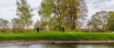 A golf course with a pond, trees, and a clear sky.
