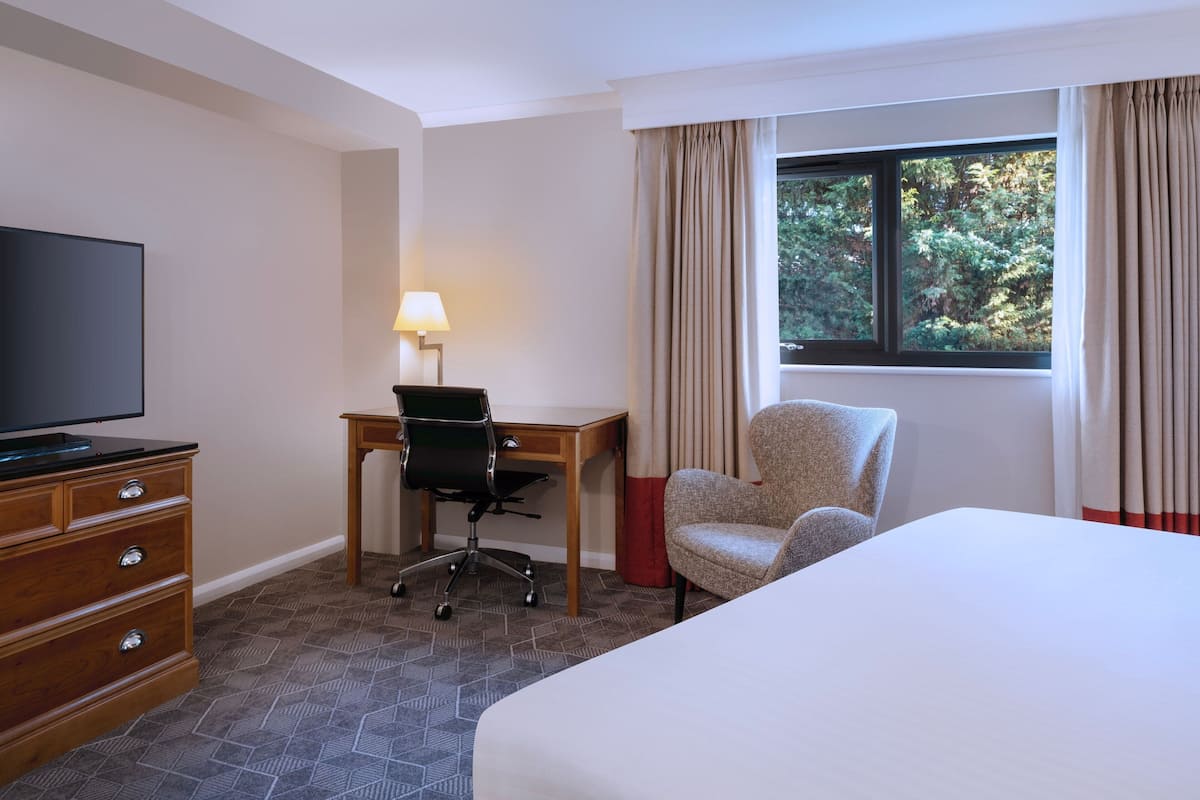 A hotel room with a bed, a desk with a chair, a television, and a window with curtains.