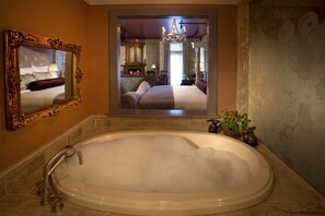 Separate tub and shower, deep soaking tub, designer toiletries