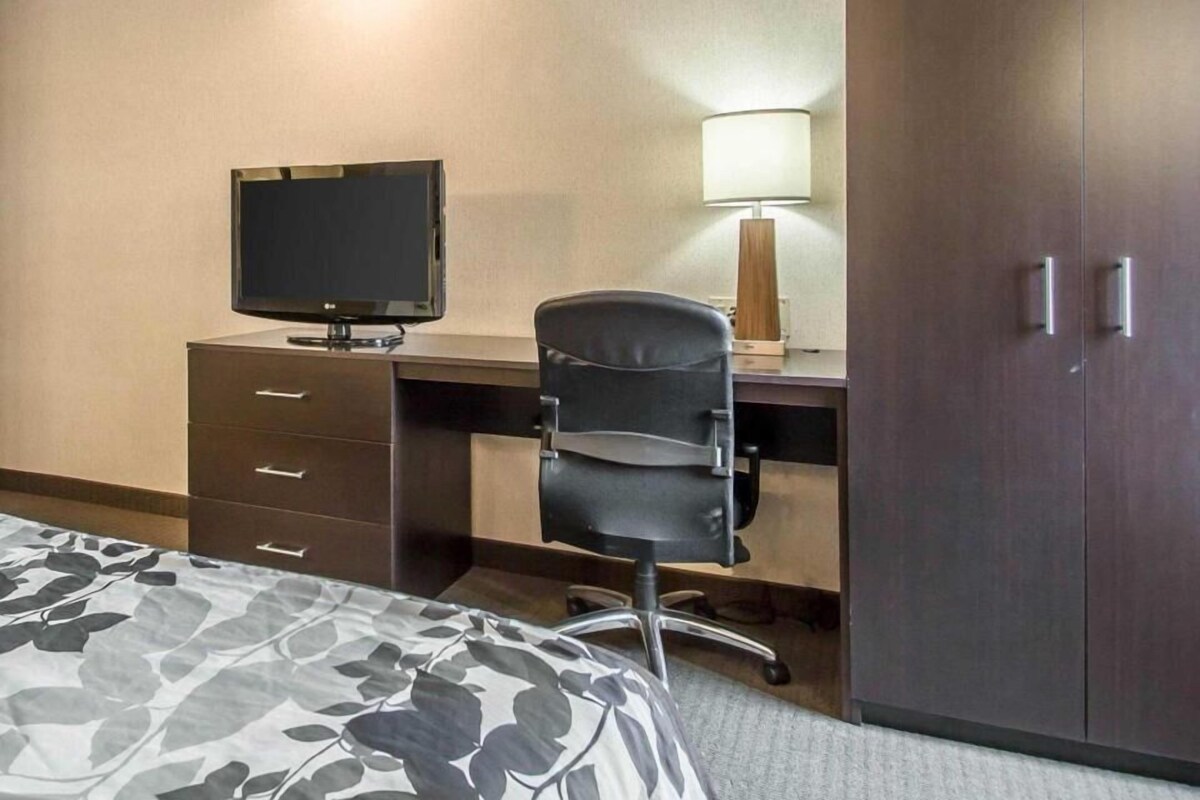 A hotel room with a bed, a desk with a computer, a chair, a TV, a lamp, and a wardrobe.