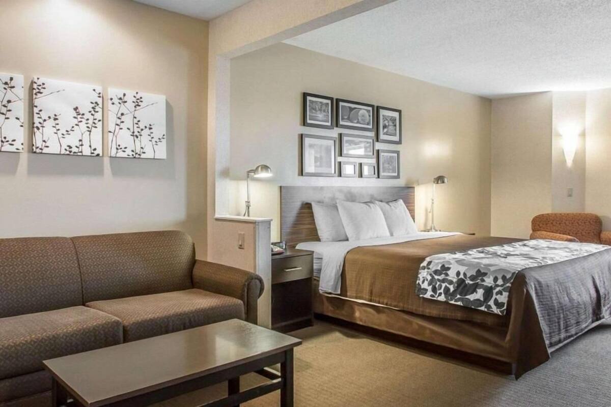 A hotel room with a bed, a sofa, a small table, and wall-mounted artwork.