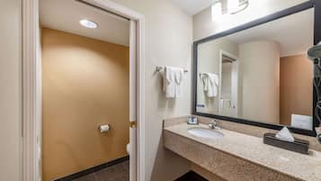A hotel bathroom with a sink, mirror, and towel rack.