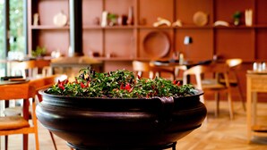 Ein Zimmer mit einem großen, dunkel gefärbten Topf, gefüllt mit Grünpflanzen und roten Blumen, Holzmöbeln und Regalen mit verschiedenen Gegenständen im Hintergrund.