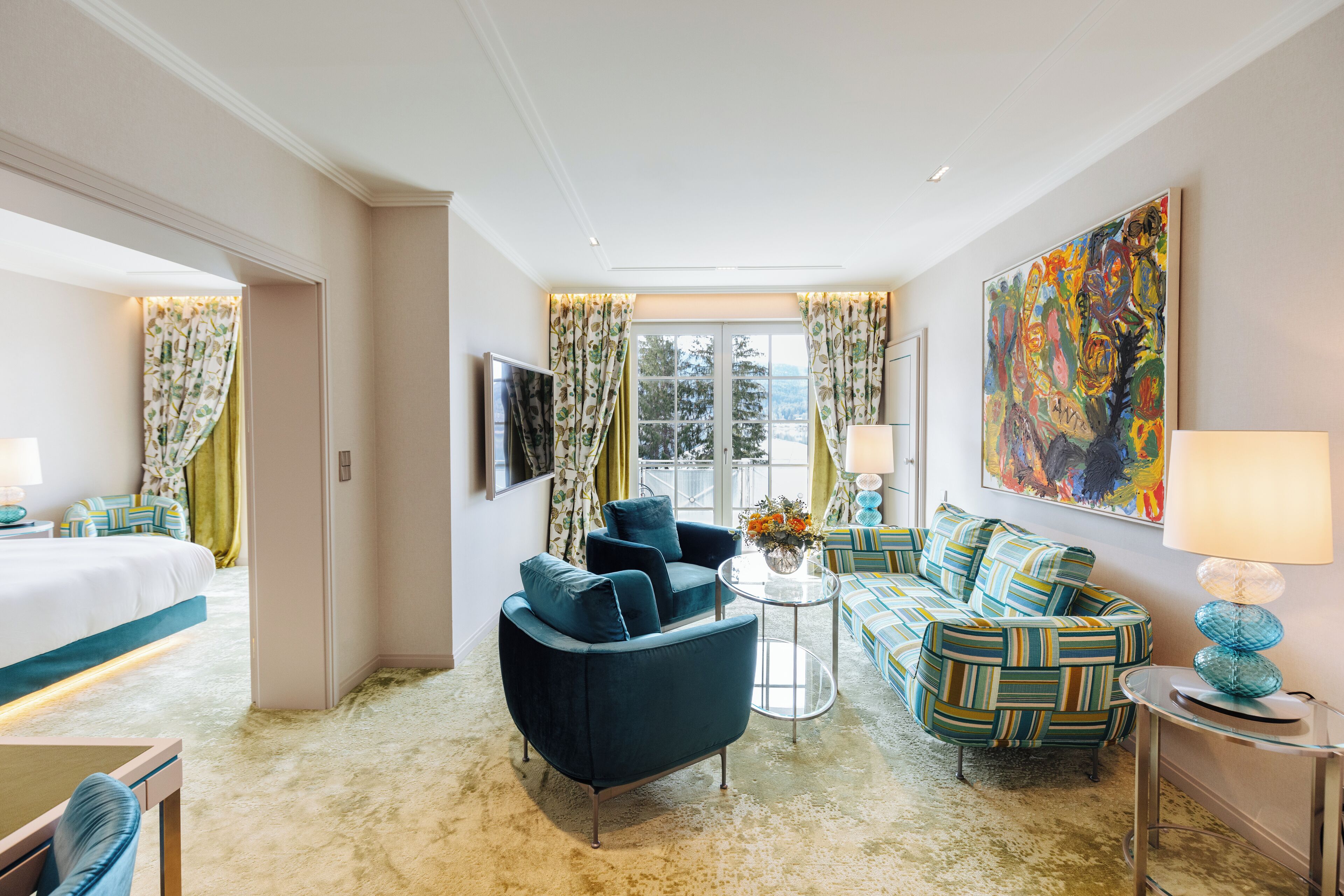 suite, lake view | living area | 65-inch flat-screen tv with satellite channels, tv