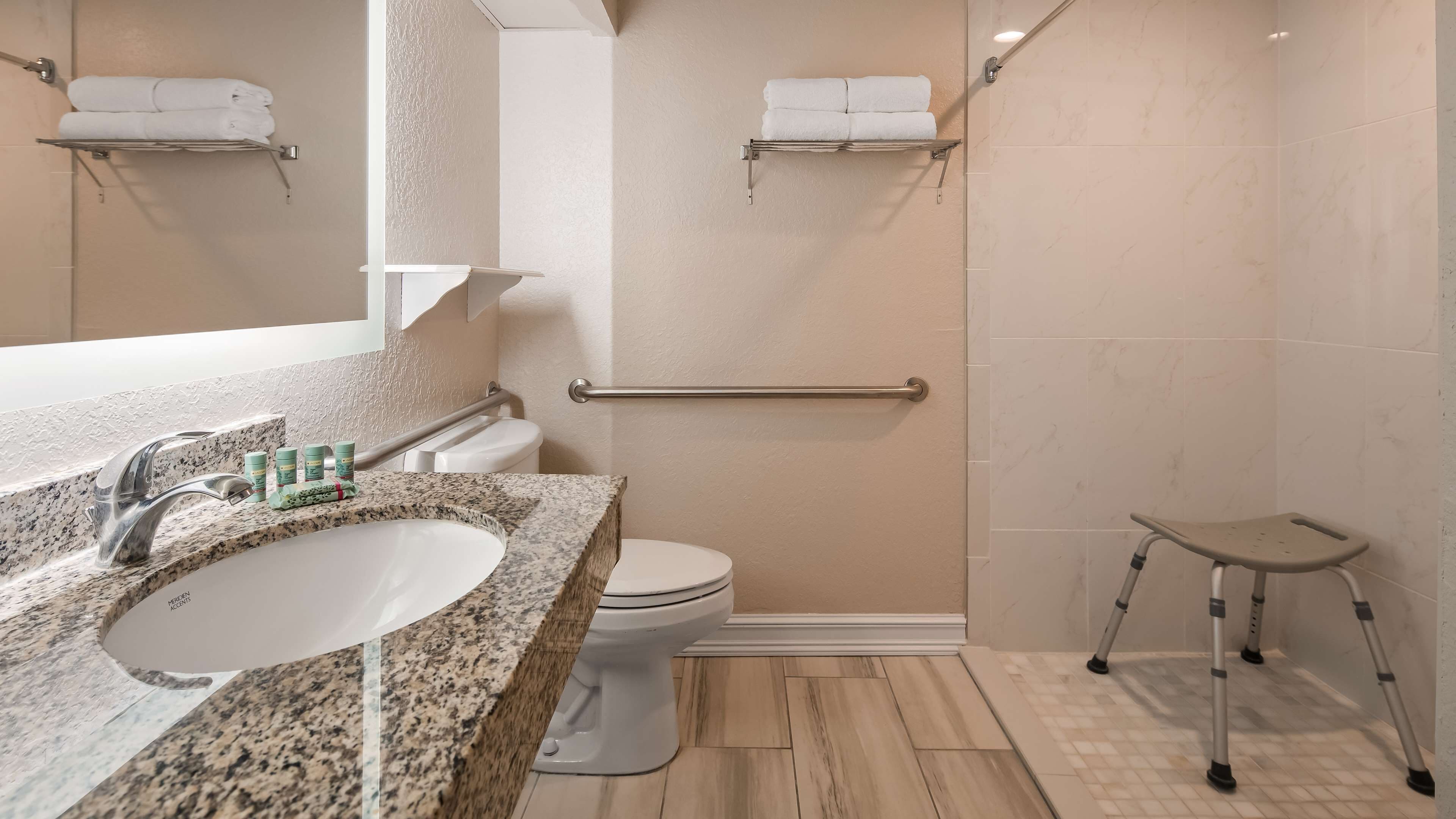 A modern bathroom with a granite sink, toilet, and walk-in shower.