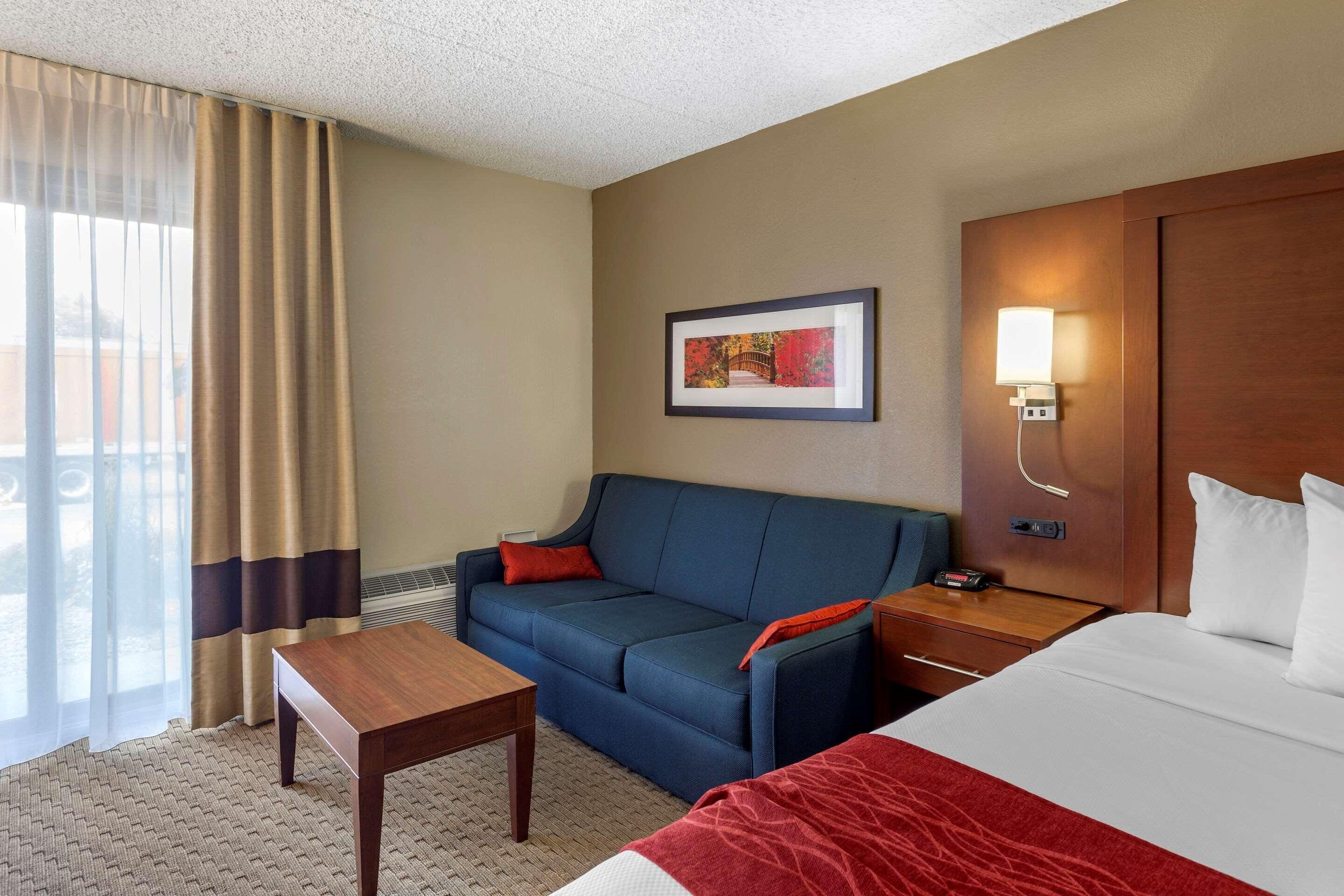 A hotel room with a bed, a sofa, a small table, a nightstand, a lamp, a framed picture on the wall, and a window with curtains.