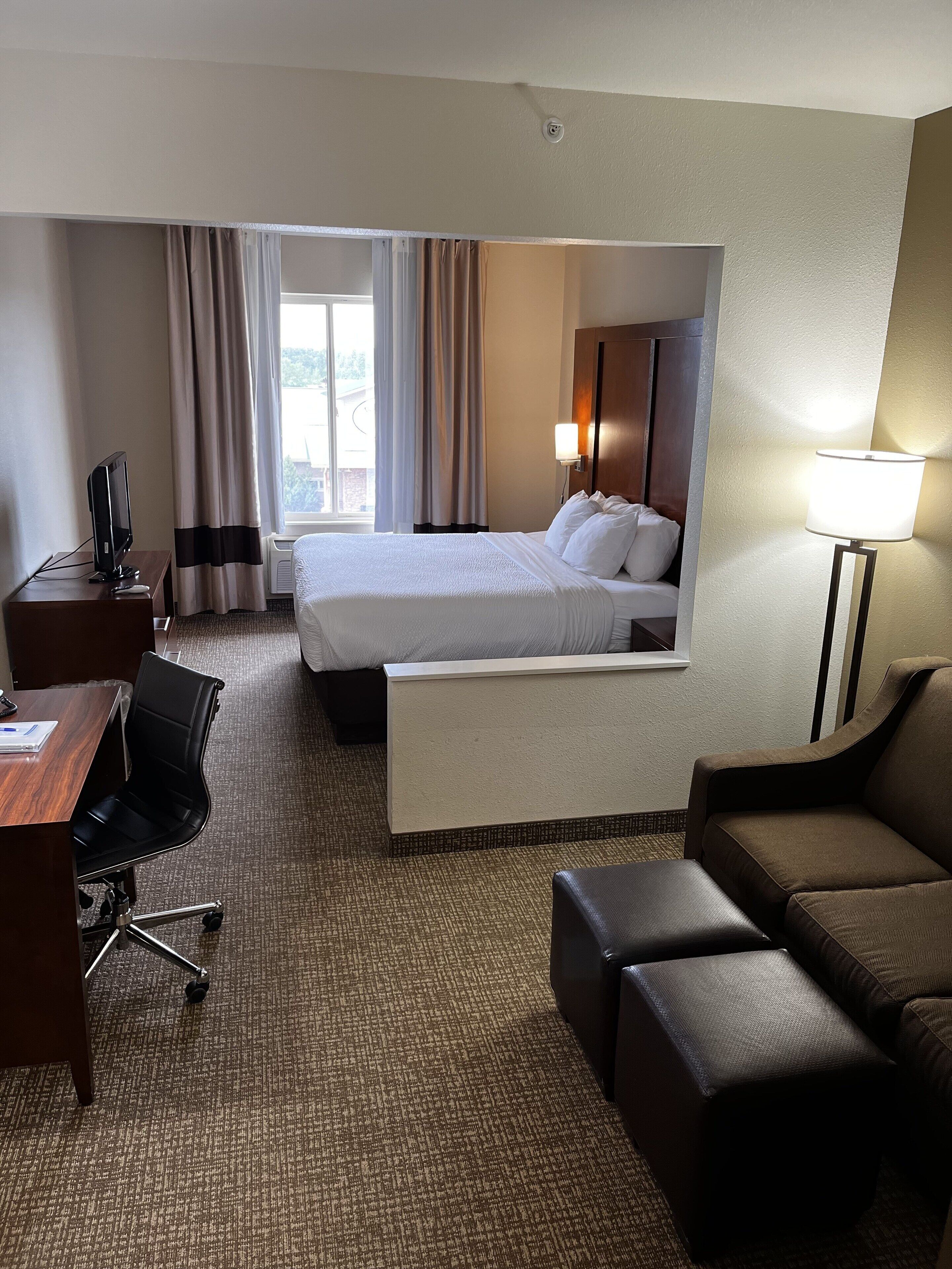 suite, 1 king bed with sofa bed, accessible, non smoking | desk, laptop workspace, blackout curtains, iron/ironing board