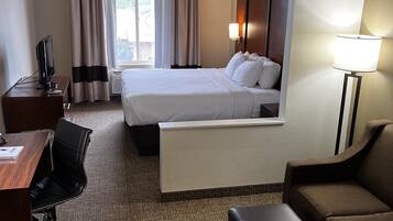 A hotel room with a bed, desk, chair, couch, and lamp.