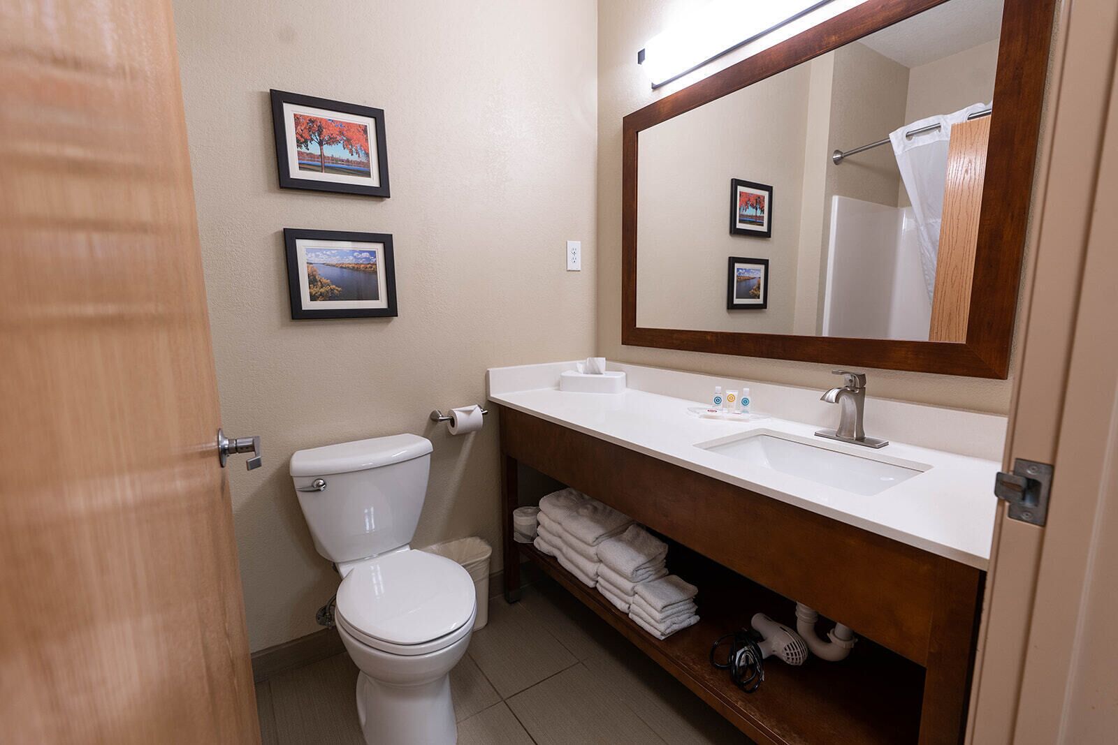 free toiletries, hair dryer, towels, soap