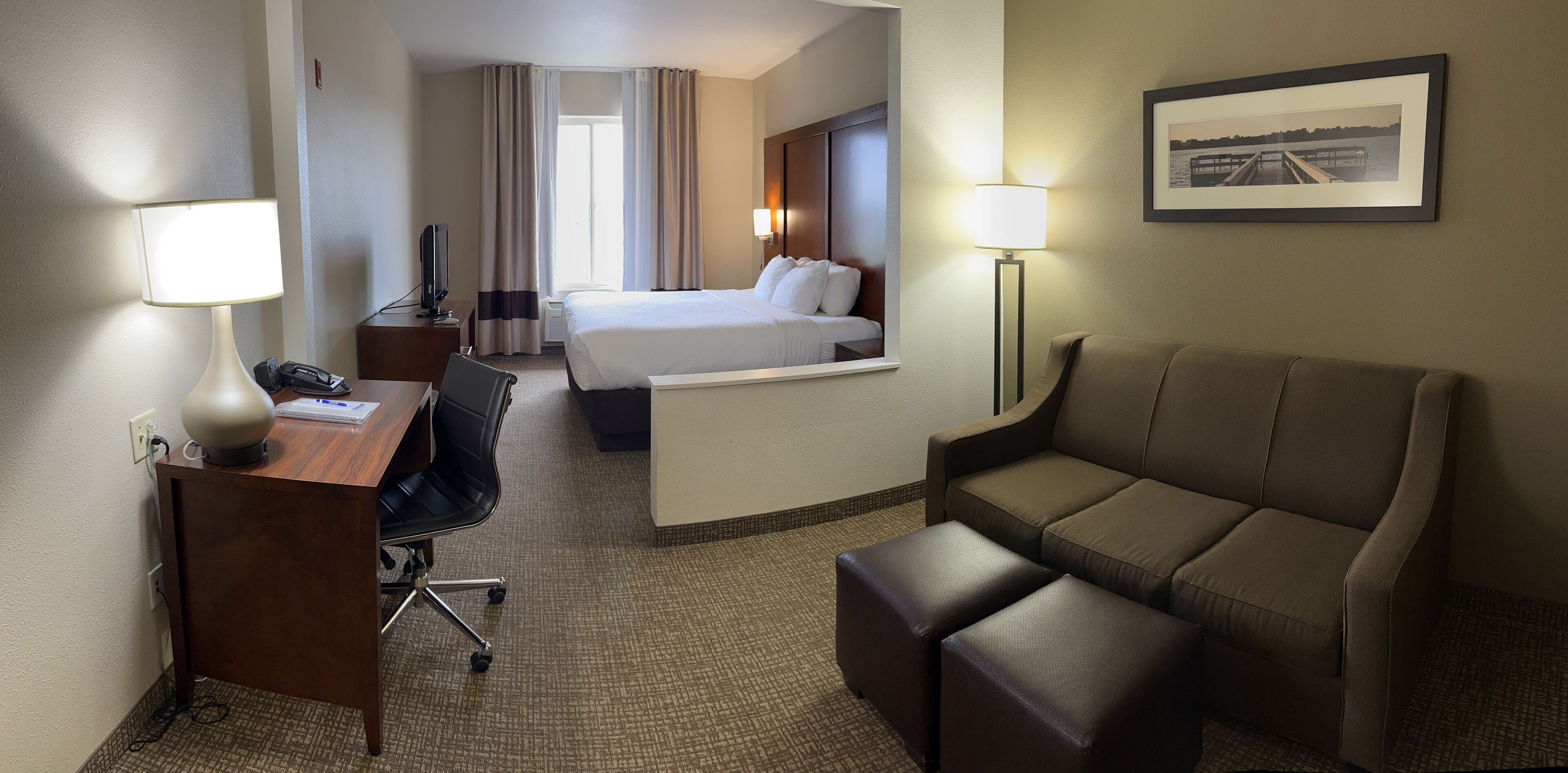 suite, 1 king bed with sofa bed, non smoking | desk, laptop workspace, blackout curtains, iron/ironing board