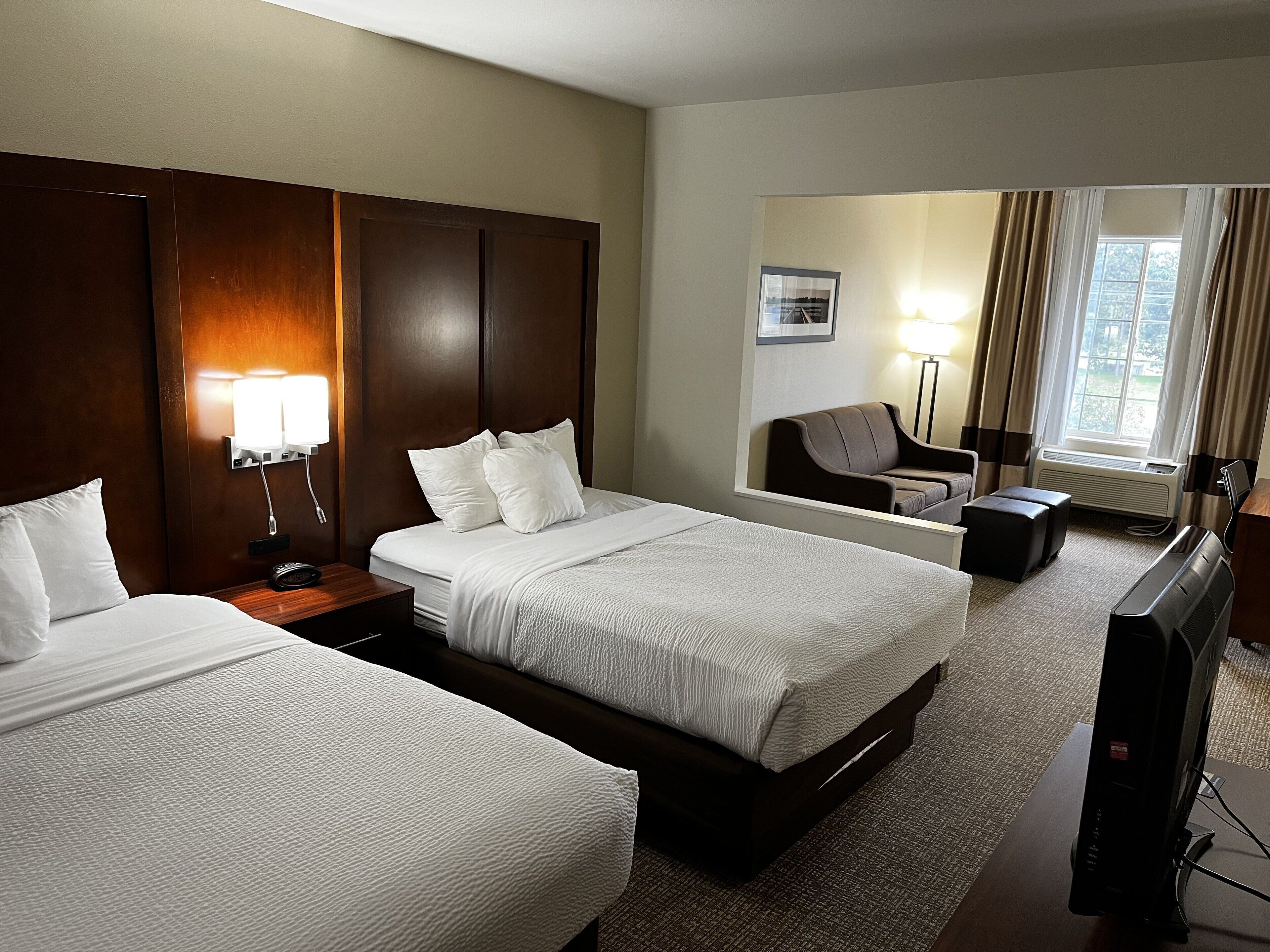 suite, 2 queen beds and sofa bed | desk, laptop workspace, blackout curtains, iron/ironing board