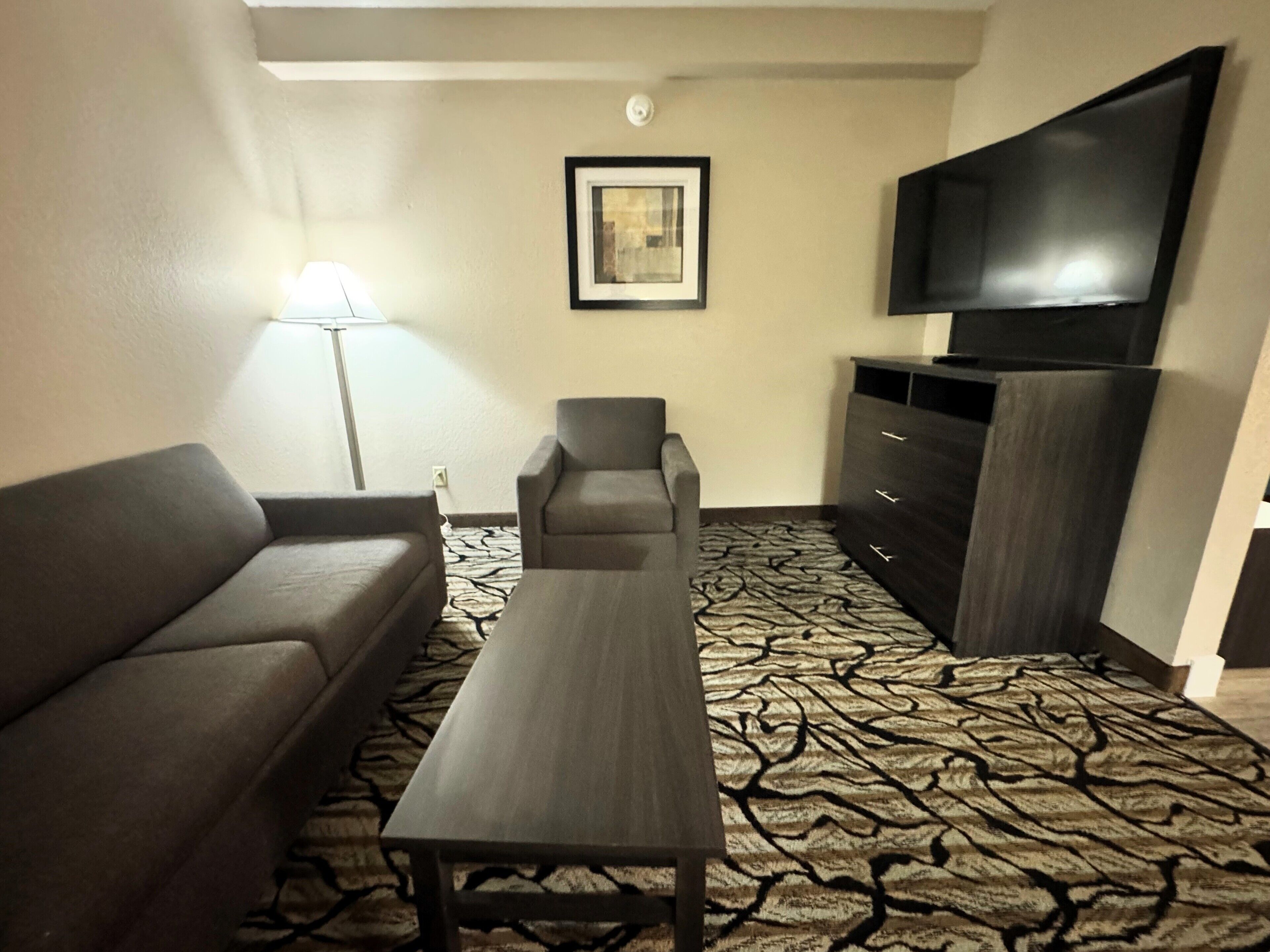 A compact living room with a sofa, a coffee table, a TV, and a dresser.