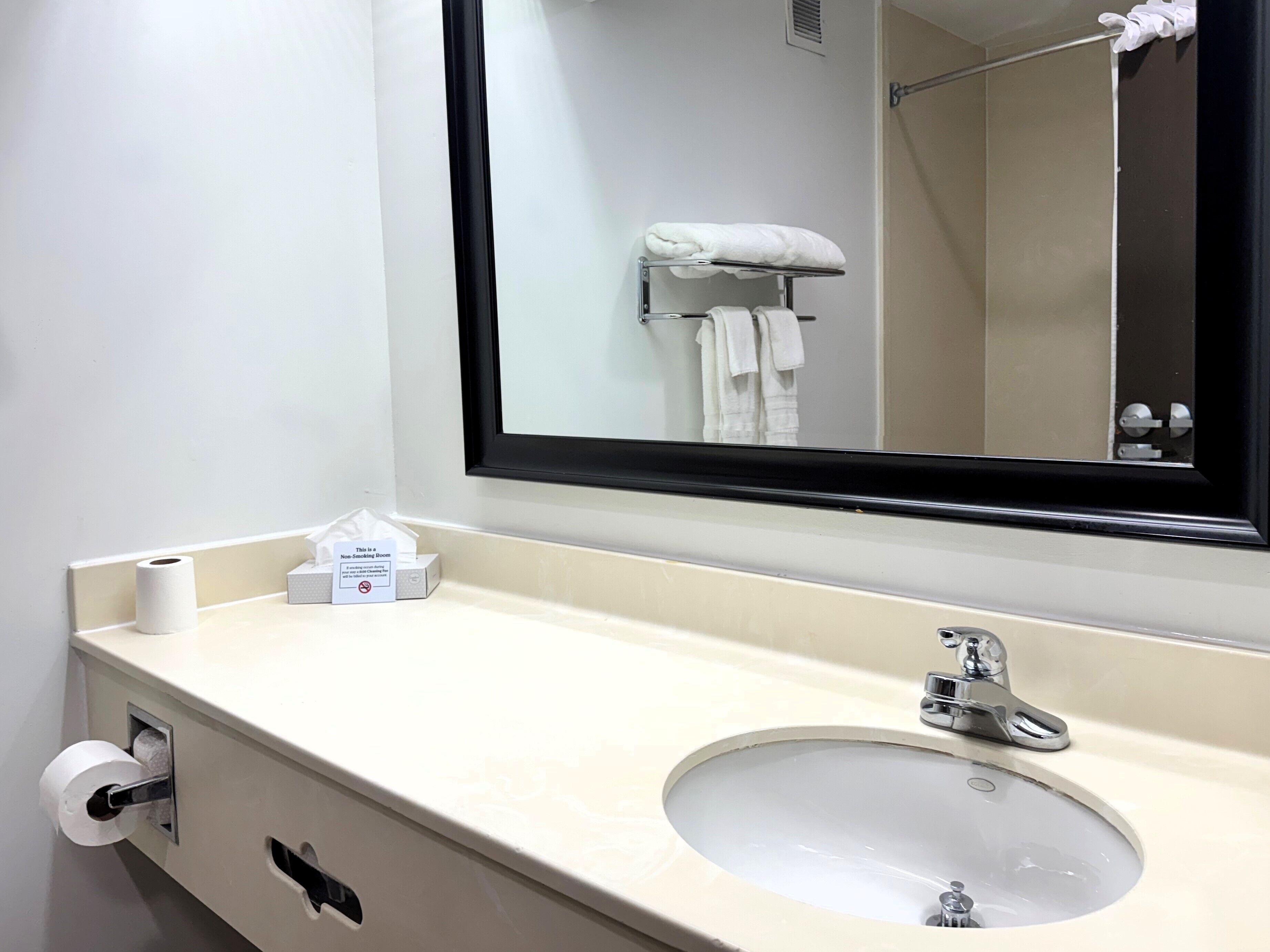 A bathroom with a sink, mirror, towel rack, and toilet paper dispenser.