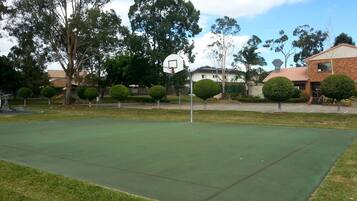 Una cancha de baloncesto al aire libre con superficie verde, rodeada de árboles y edificios residenciales.