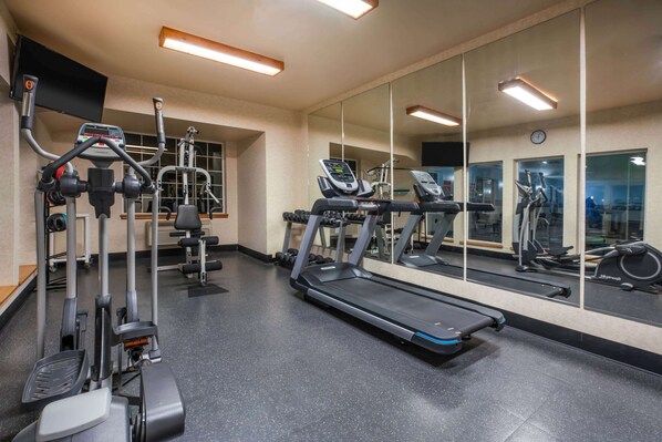 A gym with treadmills, ellipticals, and free weights.