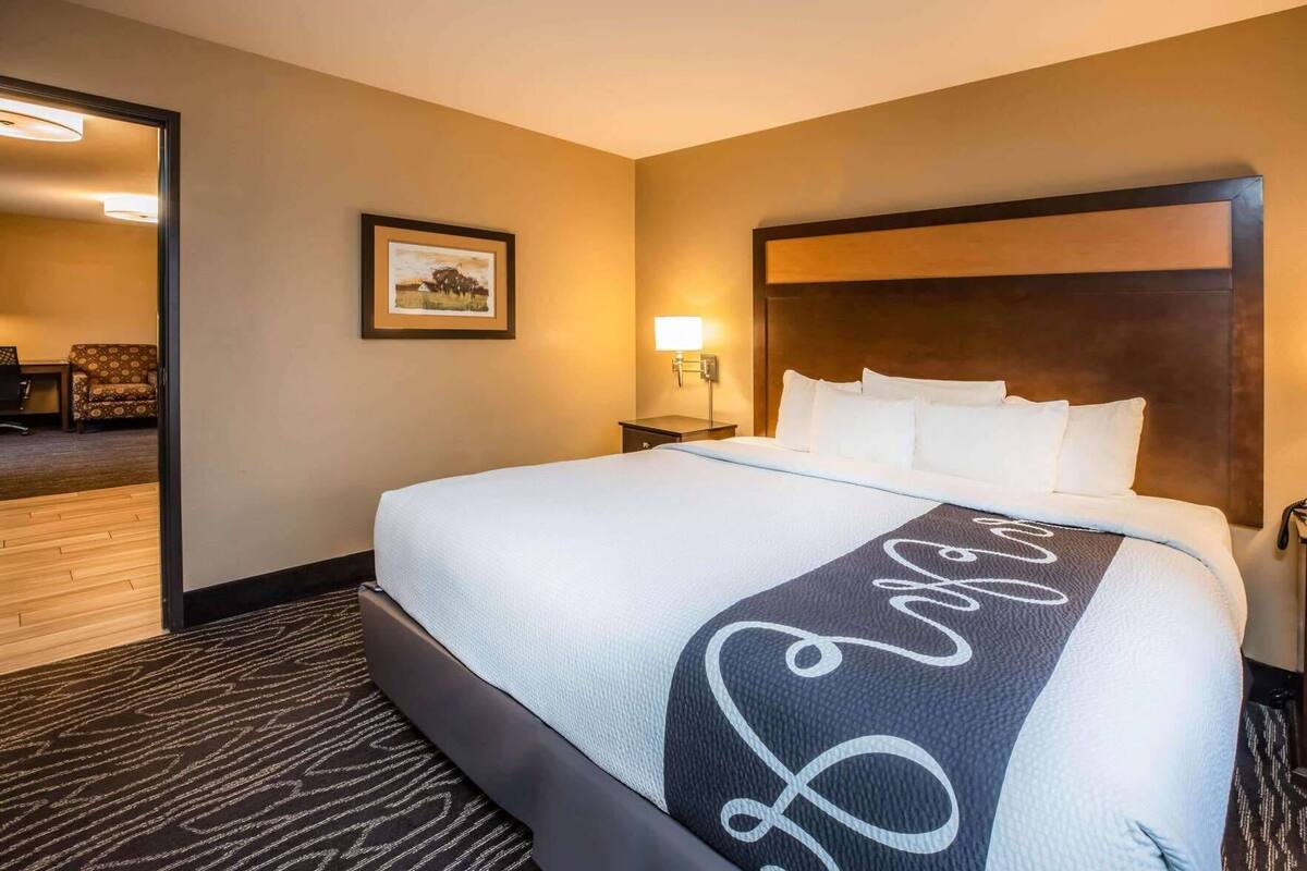 A hotel room with a large bed, a headboard, a nightstand, a lamp, a framed picture on the wall, and a carpeted floor.