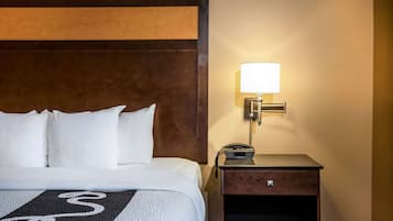 A hotel room with a large bed, white bedding, a headboard, a bedside table with a lamp, and a telephone.