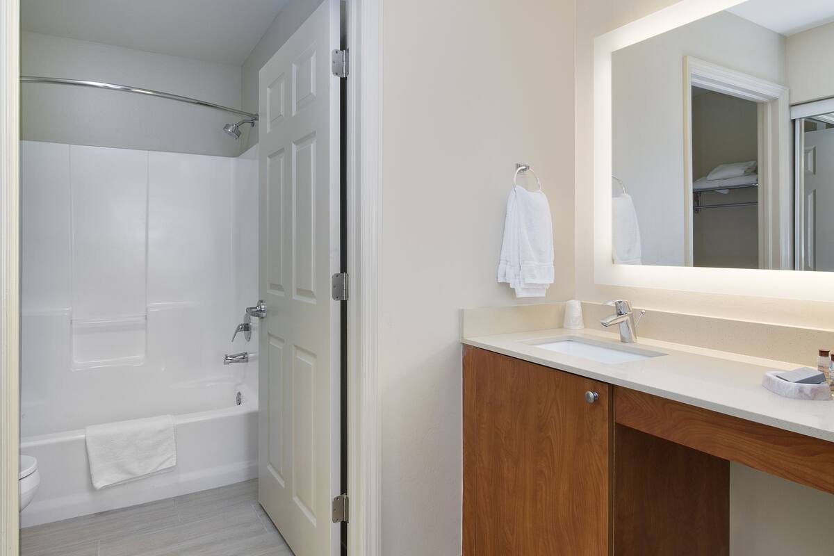 combined shower/bathtub, free toiletries, hair dryer, towels