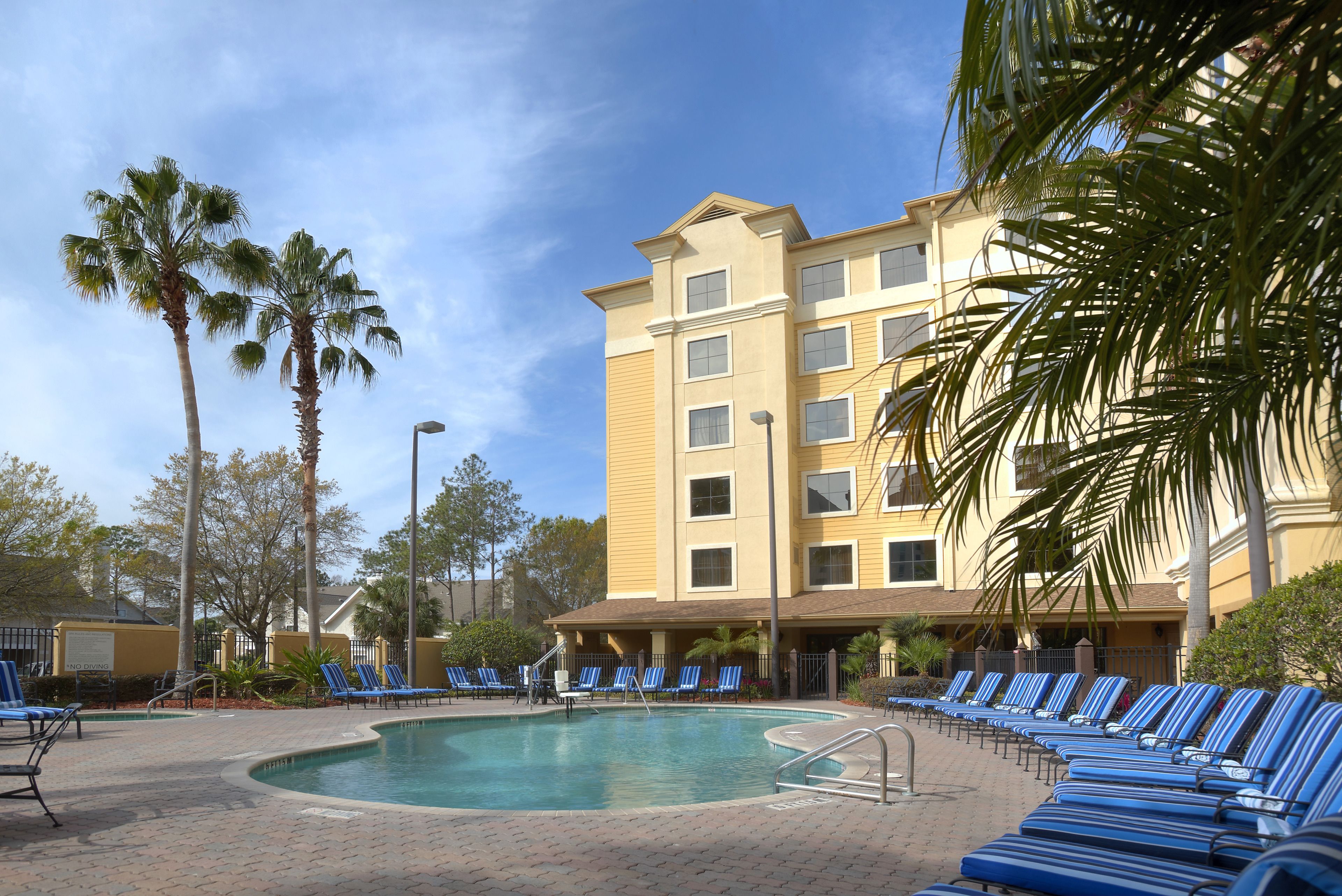 A hotel pool area with blue lounge chairs and palm trees.