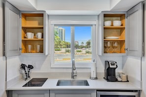 Fridge, microwave, coffee/tea maker