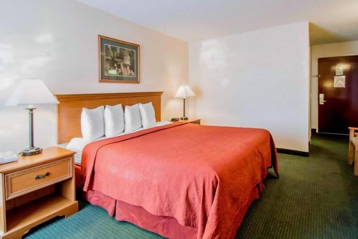A hotel room with a bed, two bedside tables, a nightstand, a framed picture on the wall, and a door to the right.
