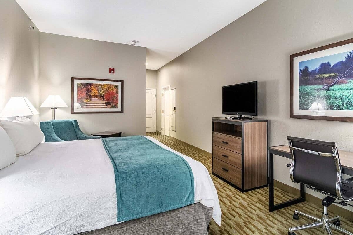A hotel room with a bed, desk, TV, and artwork on the walls.