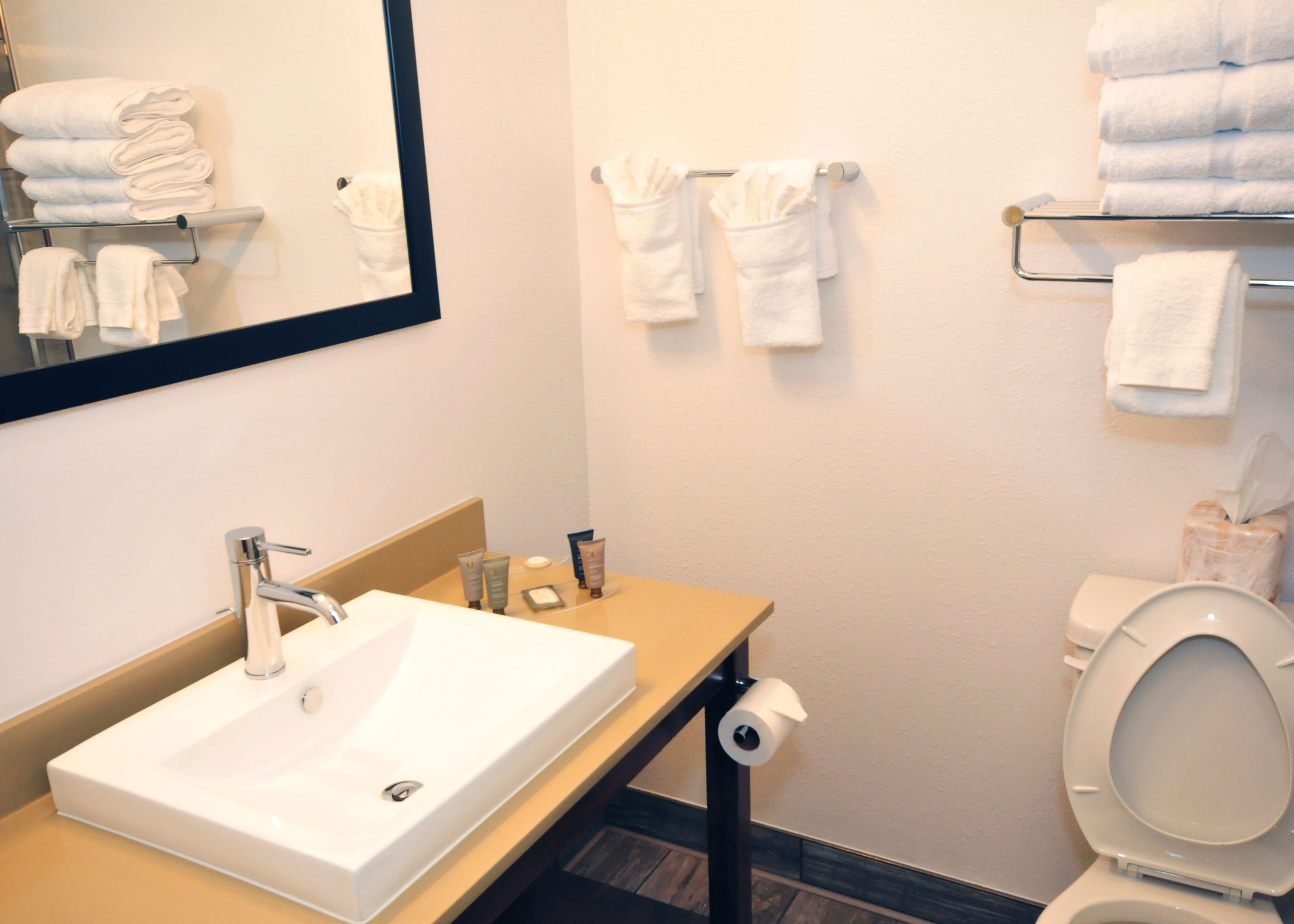 Ein Badezimmer mit Waschbecken, Spiegel, Handtuchhalter, Toilette und Toilettenpapier.