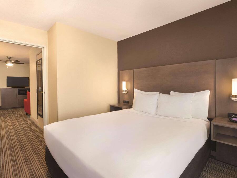 A hotel room with a large bed, a nightstand with a lamp, a wall-mounted TV, and a ceiling fan.