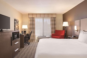 Down comforters, desk, blackout drapes, iron/ironing board