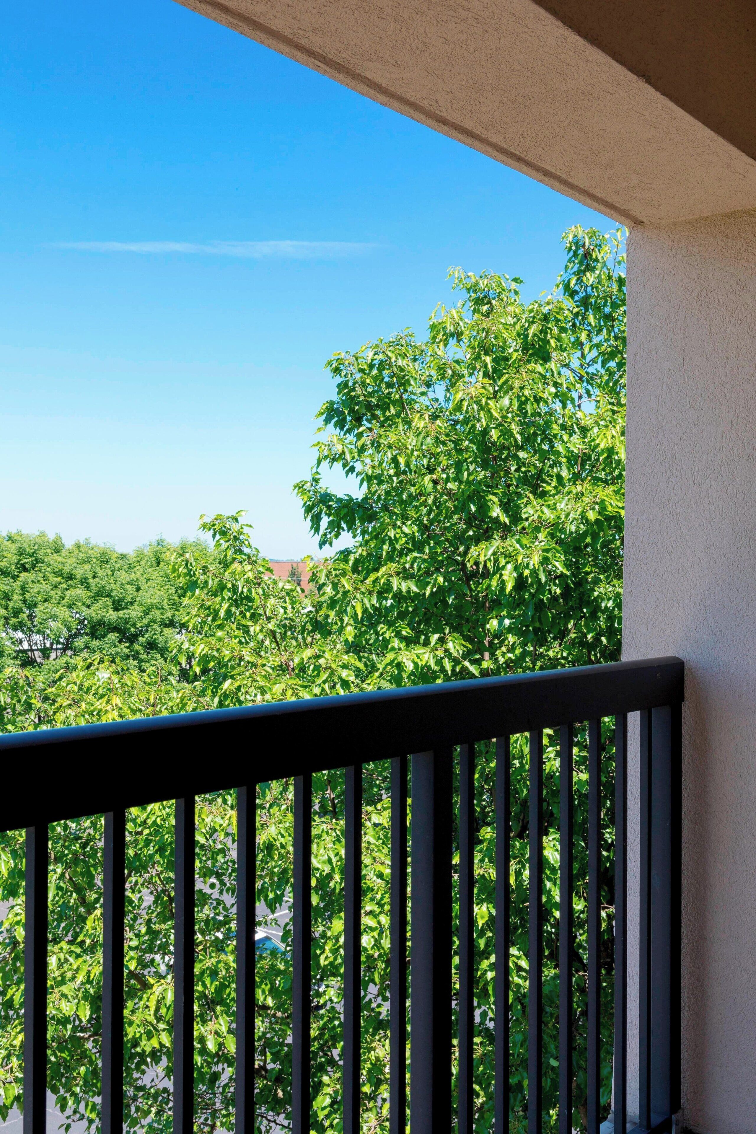 Een balkon met uitzicht op weelderige groene bomen en een helderblauwe lucht.