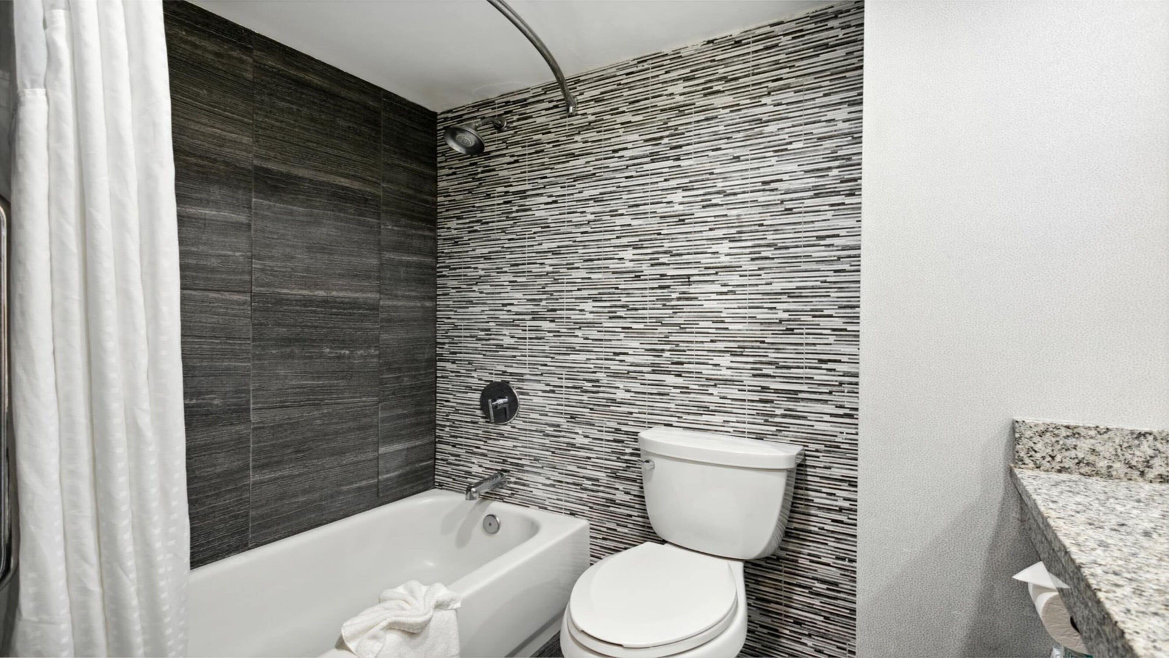 combined shower/bathtub, free toiletries, hair dryer, towels