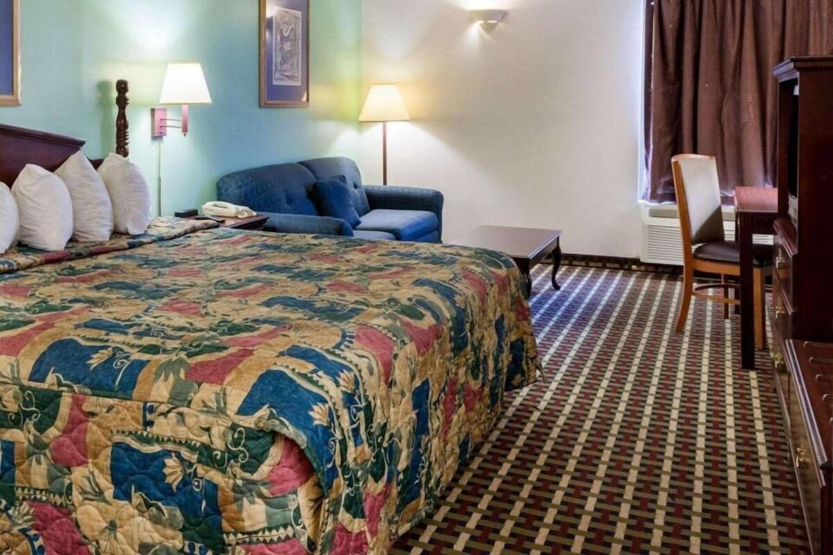 Una habitación de hotel con una cama grande, un sofá azul, una mesita, una silla y un escritorio.