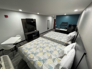 Desk, laptop workspace, blackout curtains, iron/ironing board