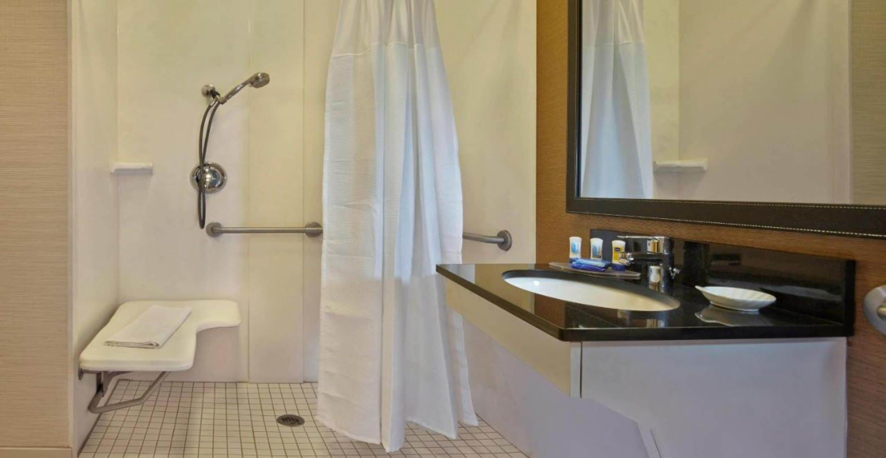 combined shower/bathtub, free toiletries, hair dryer, towels