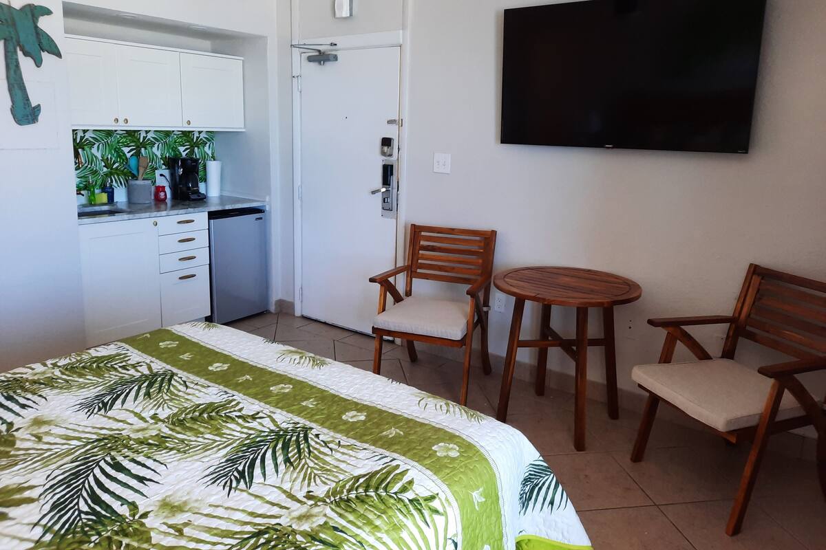 A compact room with a bed, a small kitchenette, a TV, and two wooden chairs.